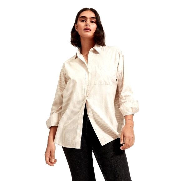 Everlane Shirt Womens 00 XXS Tan Striped Button Silky Cotton Relaxed Long - Picture 1 of 14